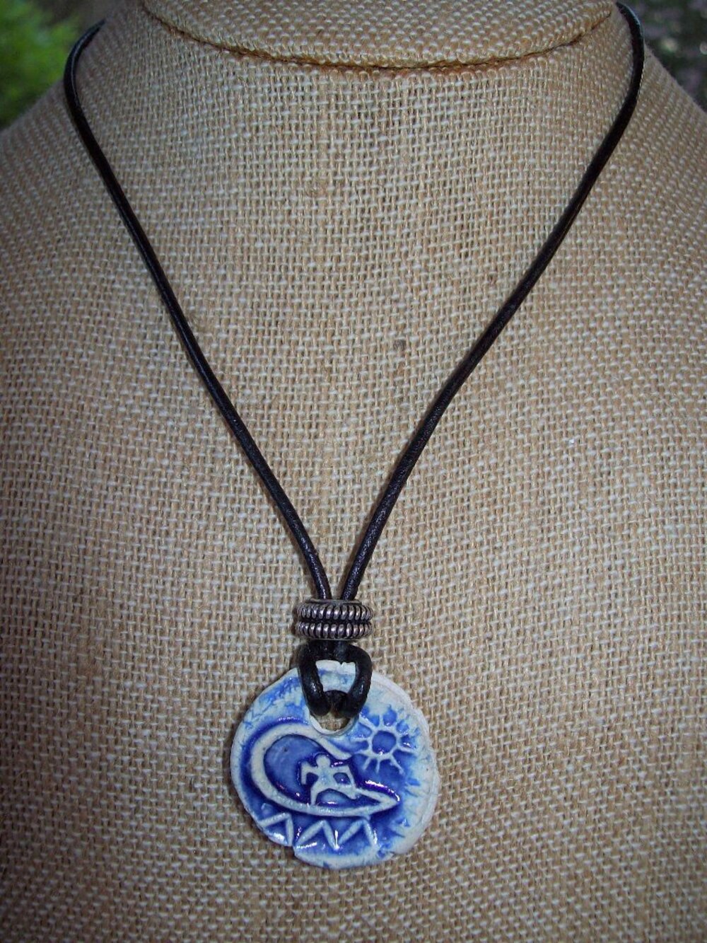 Shabby Chic Black Leather Necklace with Handmade Clay Medallion Pendant